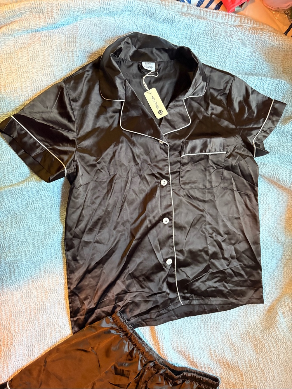 Classic Black Satin Short-Sleeve Pajama Shirt and shirt set